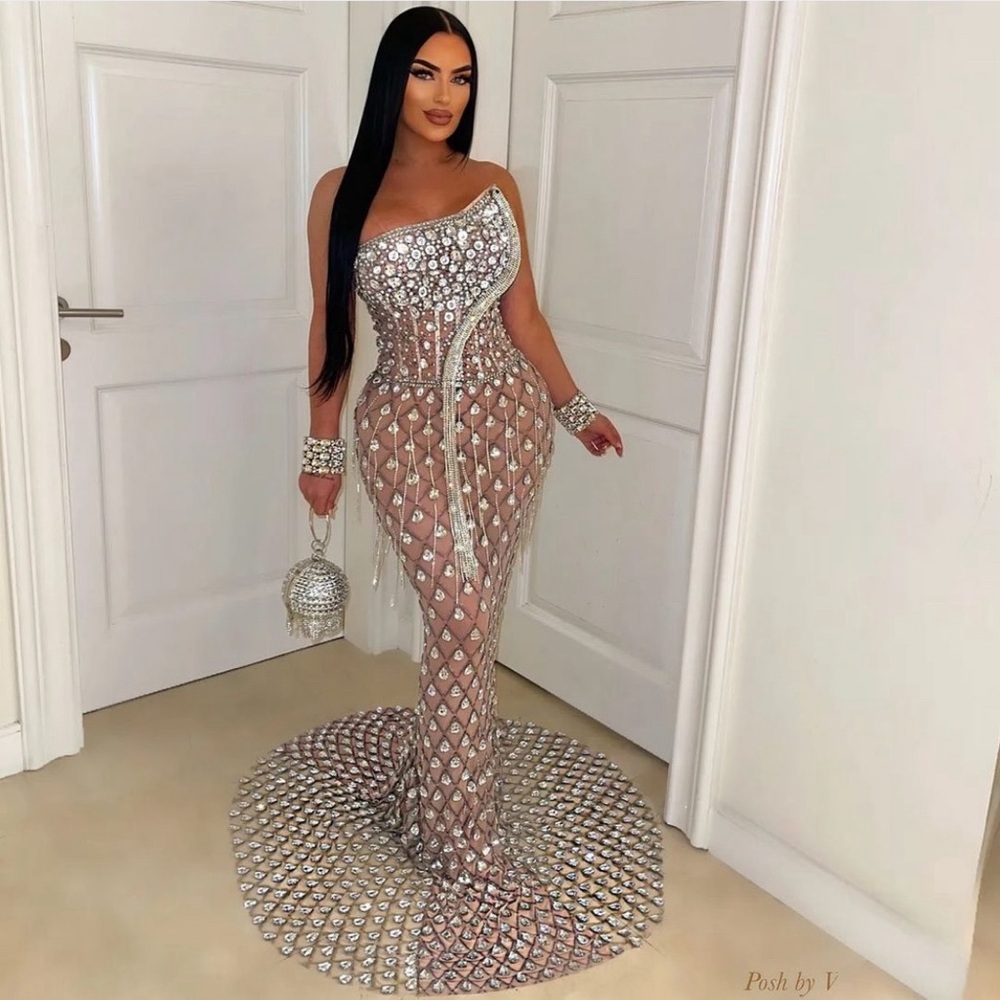 Poshbyv  Crystal Mermaid Gown Birthday Special Occasion Dress With Diamonds